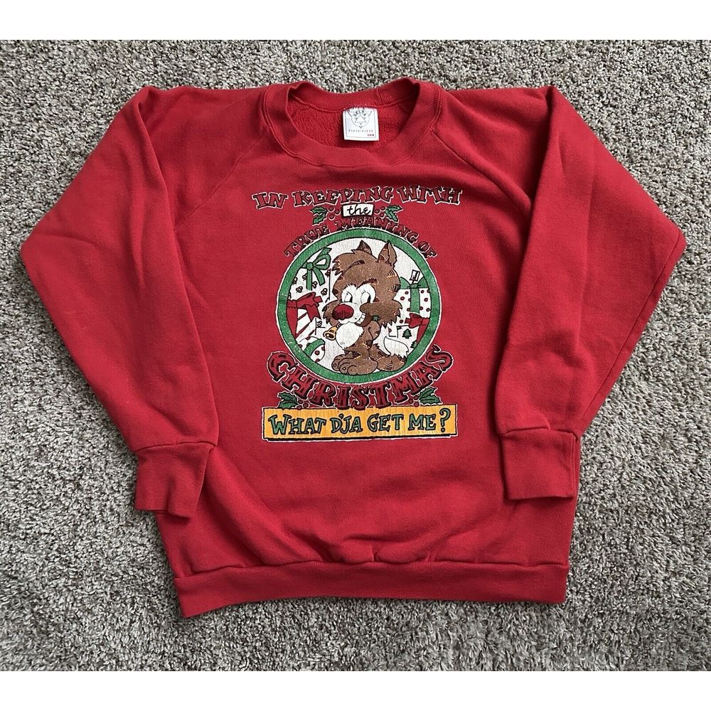 Vintage 80's‎ Christmas Sweatshirt Medium Made In USA Chipmunk Red